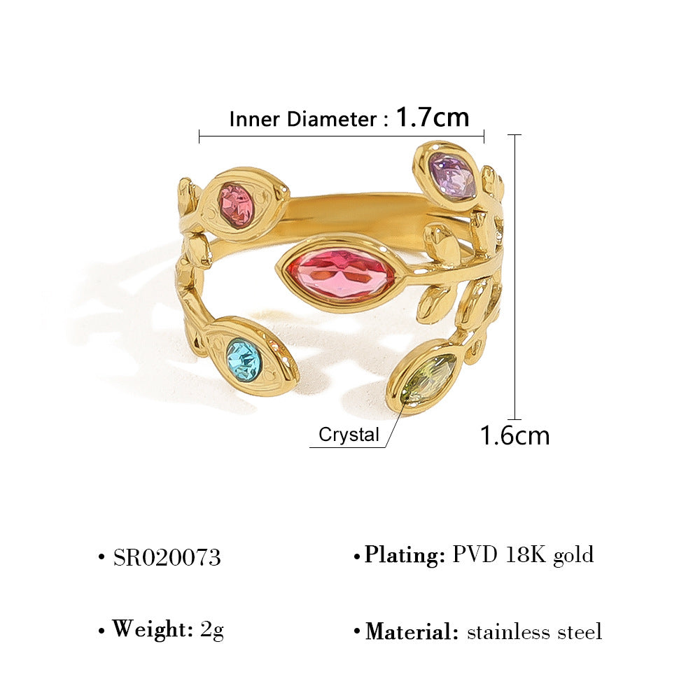 Wholesale rainbow zircon leaf ring women' s 18K gold titanium steel open ring